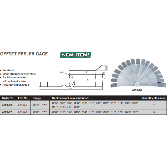 Insize Offset Feeler Gauge 0.008-0.026" Range Series 4609-12 - Twin Eagle Imports