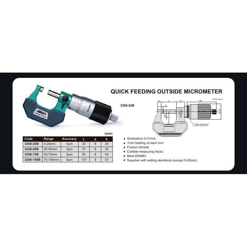 Insize Outside Micrometer Quick Feeding 0-25mm Range Series 3208-25B - Twin Eagle Imports