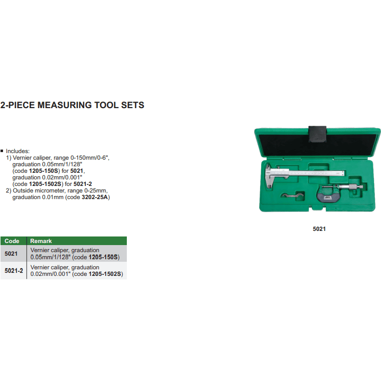 Insize Outside Micrometer & Vernier Measuring Tool Set Series 5021 - Twin Eagle Imports