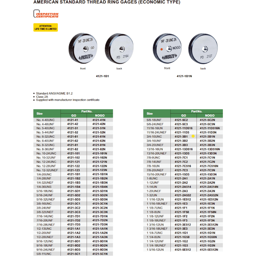 Insize Thread GO Ring Gauge 3/4"-10 UNC Series 4121-3B1 - Twin Eagle Imports