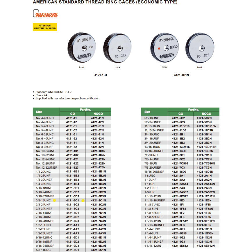 Insize Thread GO Ring Gauge 3/8"-16 UNC Series 4121-3C1 - Twin Eagle Imports