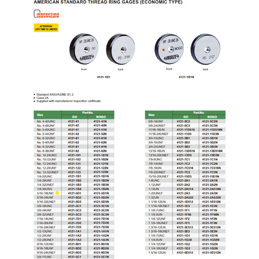 Insize Thread GO Ring Gauge 5/16"-18 UNC Series 4121-5D1 - Twin Eagle Imports