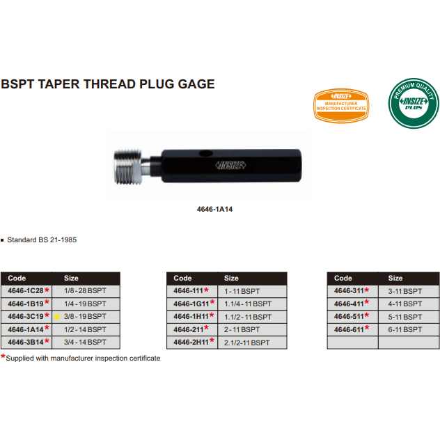 Insize Thread Plug Gauge 3/8"-19 BPST Series - 4646-3C19 - Twin Eagle Imports